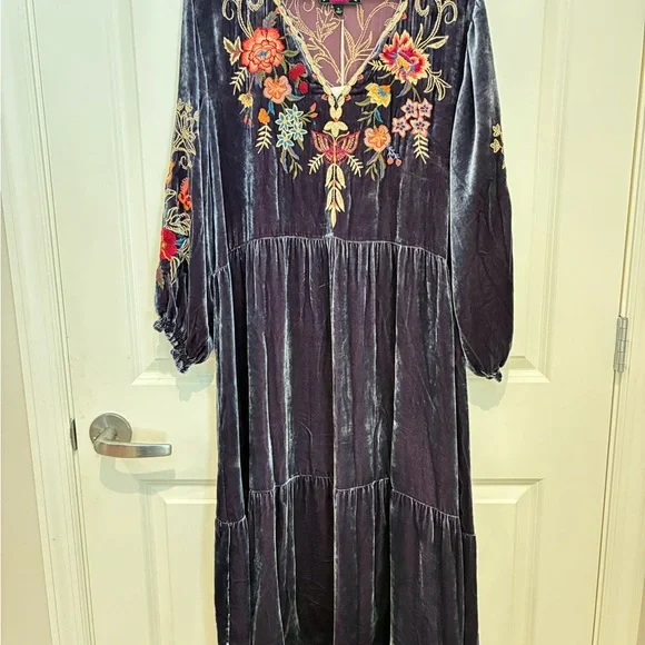 Johnny Was Embroidered Velvet Midi Dress - Blue - Picture 2 of 8